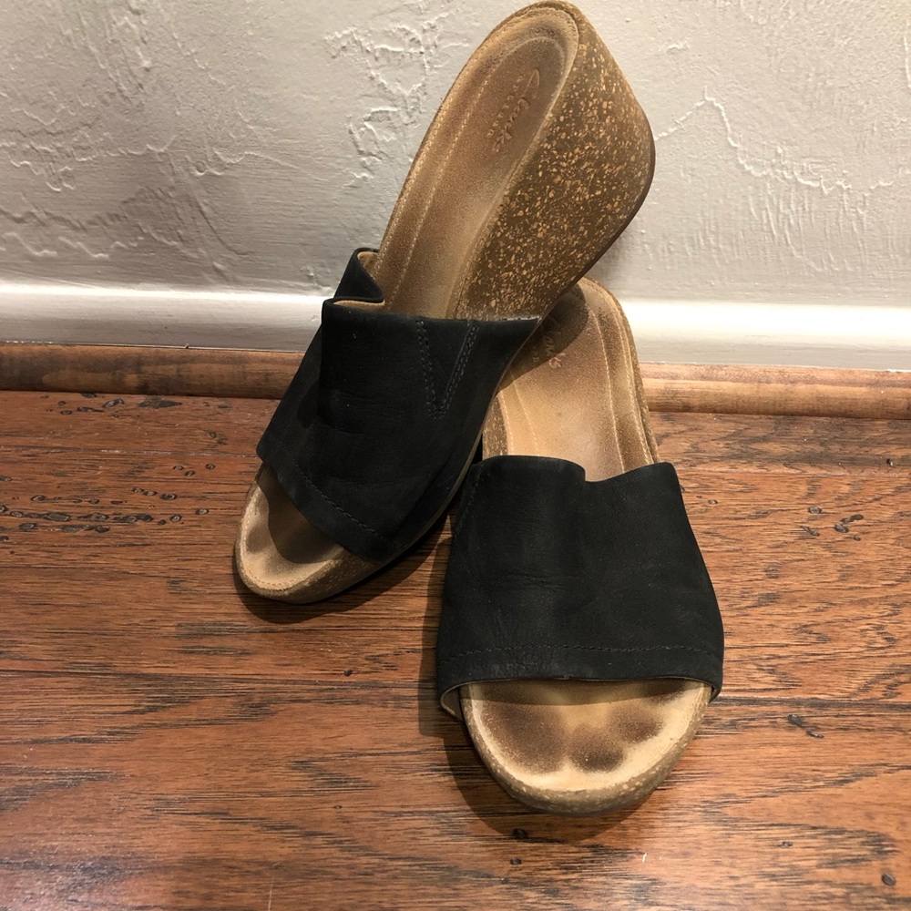 Clark’s black cork wedges